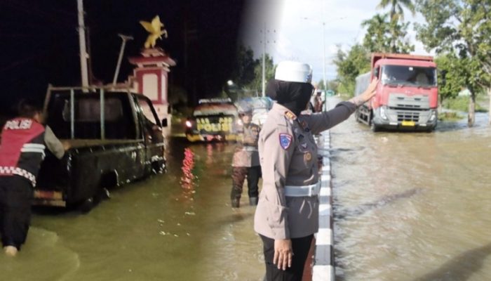 Hujan Deras Lumpuhkan Jalur Utama Sumenep-Pamekasan, Polisi Lakukan Pengalihan Arus Lalulintas
