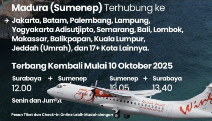 Mulai 10 Oktober, Wings Air Buka Penerbangan Domestik hingga Internasional dari Sumenep