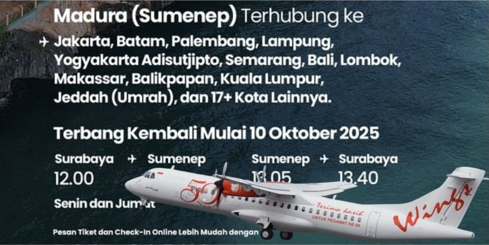 Mulai 10 Oktober, Wings Air Buka Penerbangan Domestik hingga Internasional dari Sumenep