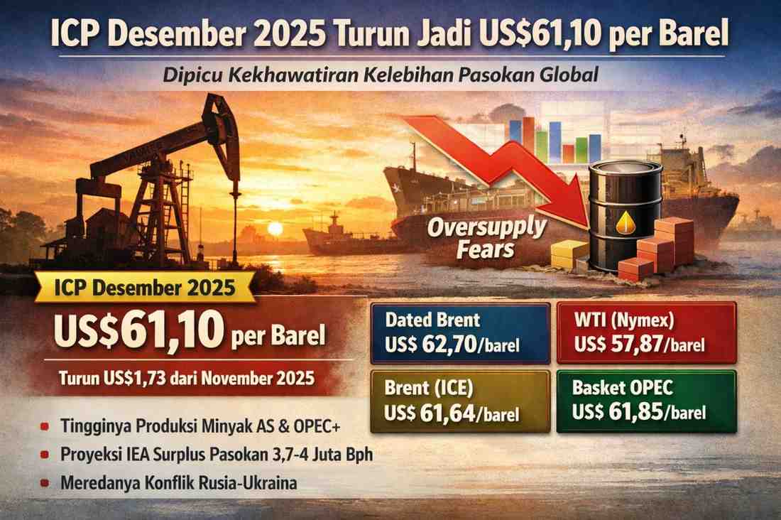 ICP Desember 2025 Turun Jadi US$61,10 per Barel, Dipicu Kekhawatiran Kelebihan Pasokan Global