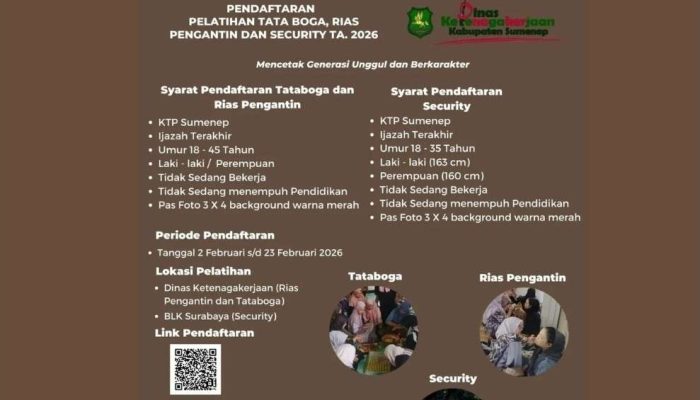 Disnaker Sumenep Buka Pelatihan Kerja Gratis 2026, Tata Boga hingga “Security”